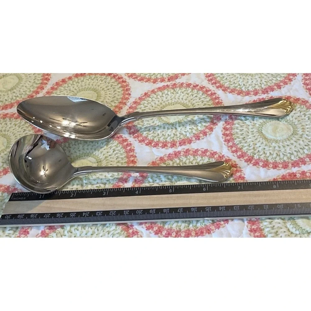 Yamazaki Cara Serving Spoon Ladle Gold Accent Stainless Japan Flatware‎ 2 Piece